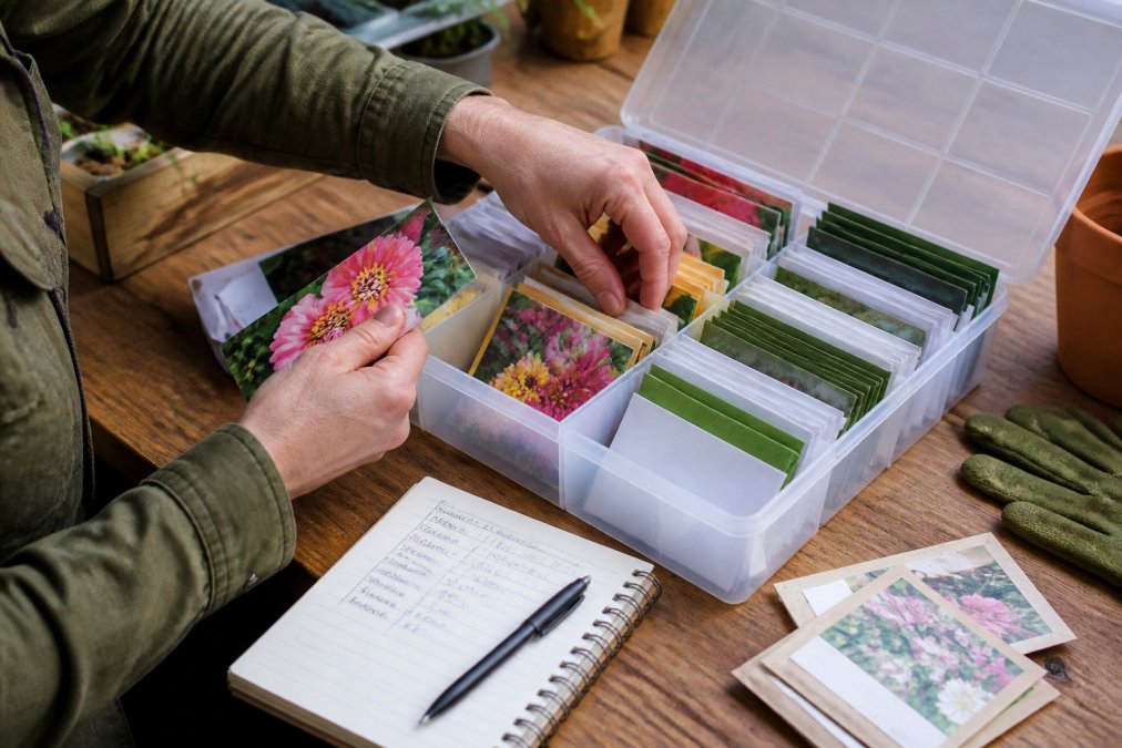 Step-by-step guide on organizing flower seed storage using labeled packets and a planting schedule notebook.