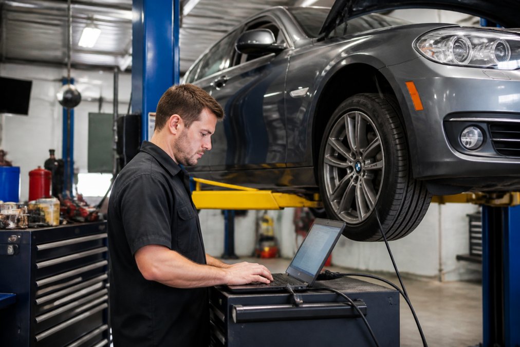 Mechanic using a diagnostic laptop on a European sedan at a Boynton auto repair shop
