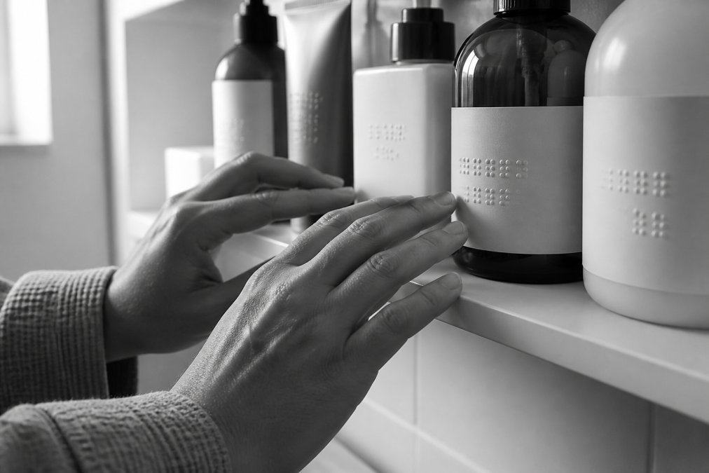 Diagram demonstrating tactile labeling techniques for organizing braille labelled household essentials on shelves.