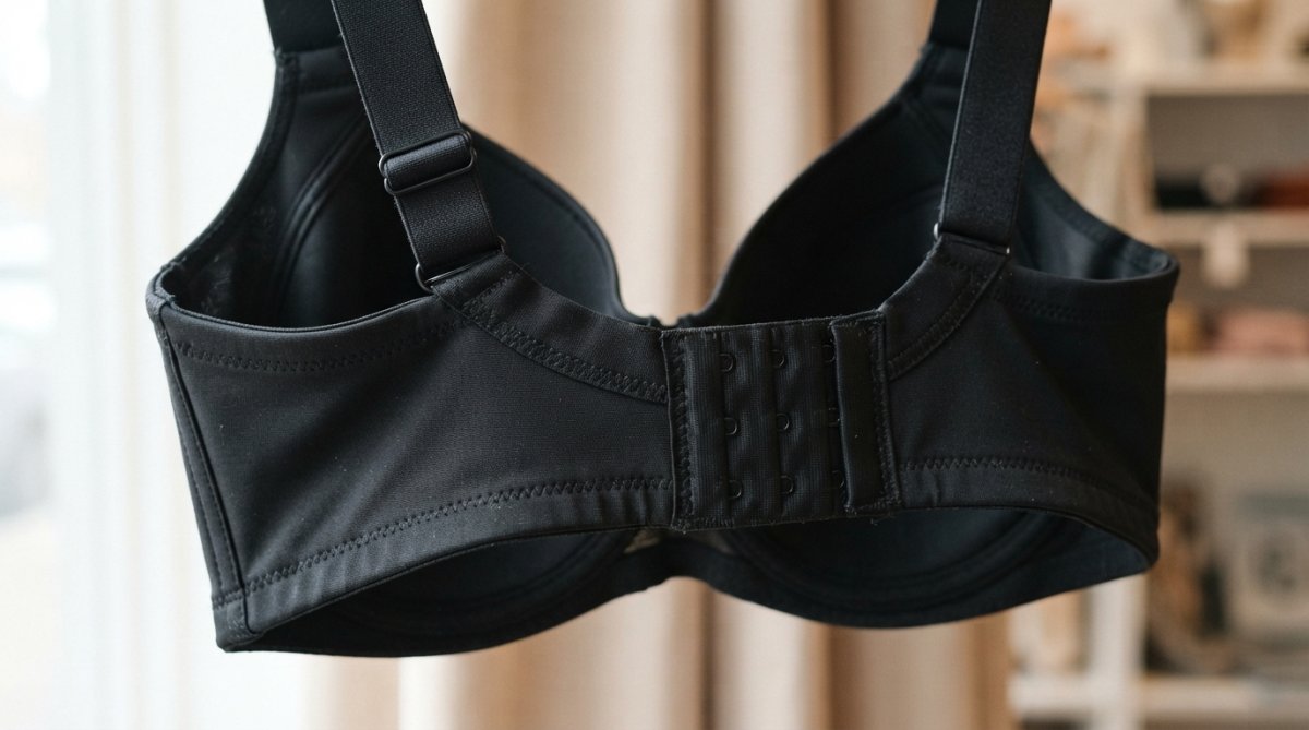 Close-up of bra details showing wide shoulder straps, firm back band with multiple hook-and-eye closures, and adjustable sliders on a black underwired bra, shot against neutral background with natural lighting