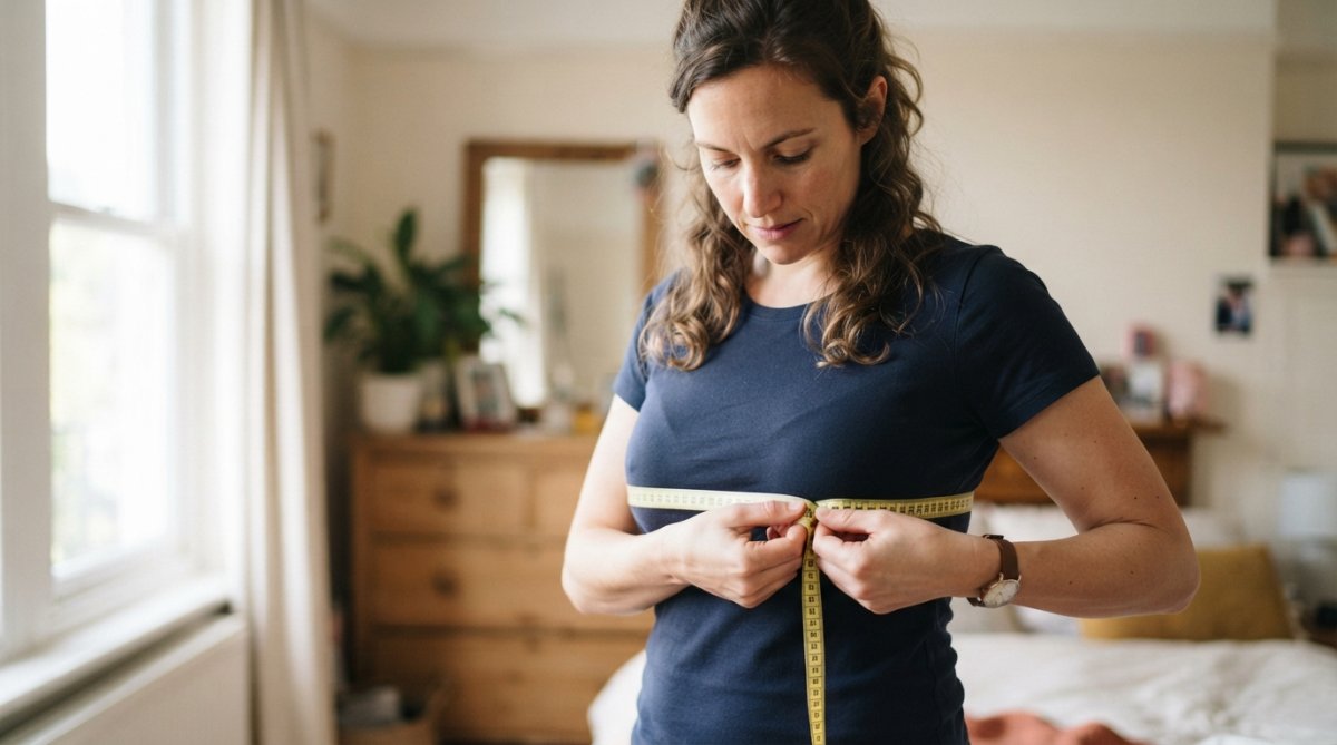 Woman demonstrating proper bra measurement technique, using a soft measuring tape around her underbust with clear positioning, natural lighting showing tape placement