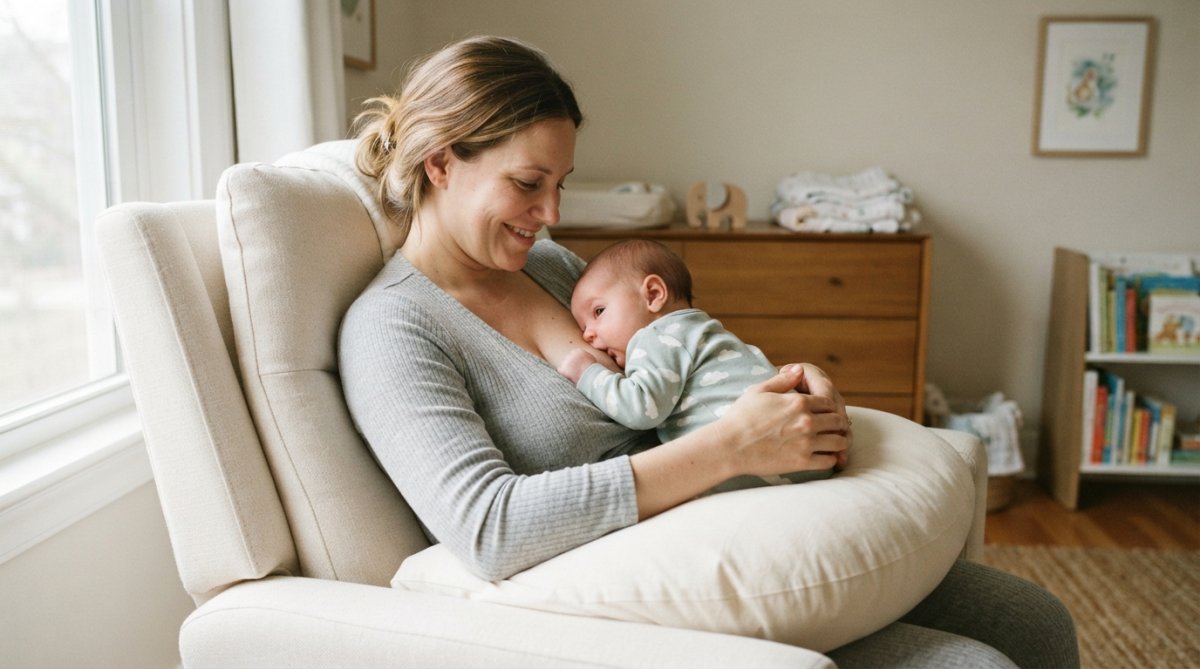 Mother using a nursing pillow in a laid-back position, one of the best breastfeeding positions for tongue tie.
