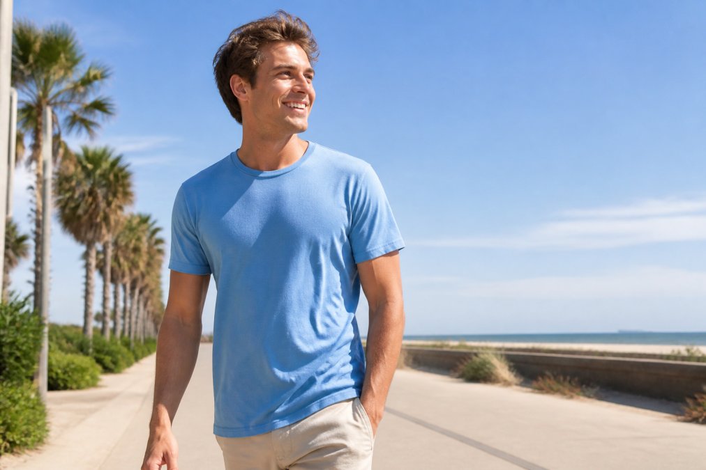A young man in a bright, casual cotton t-shirt smiling while walking outside on a sunny summer day, with a light breeze visible in his shirt fabric