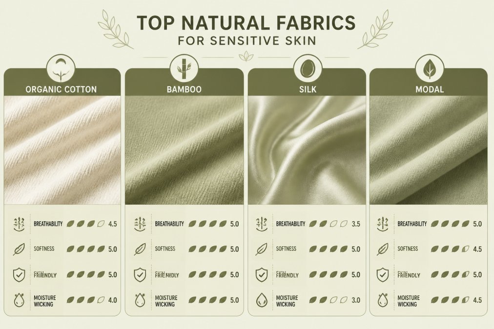 Close-up of different fabric textures laid flat, showing organic cotton, bamboo, silk, and modal side by side with natural lighting highlighting softness and weave structure