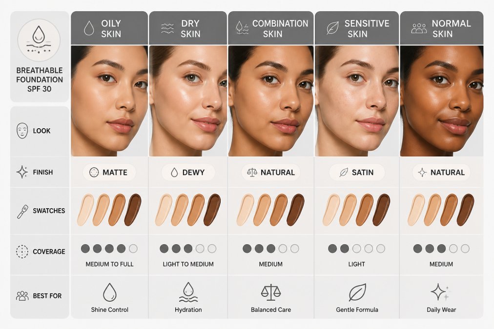 Close-up of diverse skin tones showing foundation swatches and finished makeup looks with different finishes (matte and dewy) side by side, natural daylight