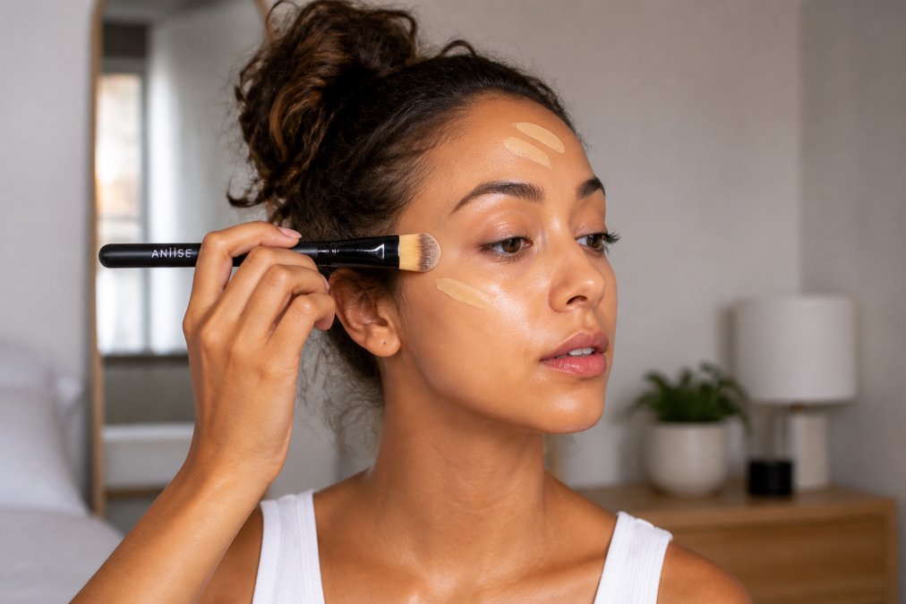 Woman applying foundation with a flat makeup brush to her face, showing proper technique with even stippling strokes across the cheekbone and forehead, natural morning lighting