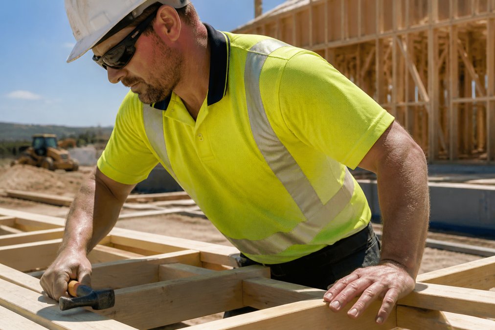 Construction worker in a breathable hi-vis polo shirt working outdoors on a hot summer day, mesh ventilation panels and reflective tape clearly visible, direct sunlight casting sharp shadows across the work site