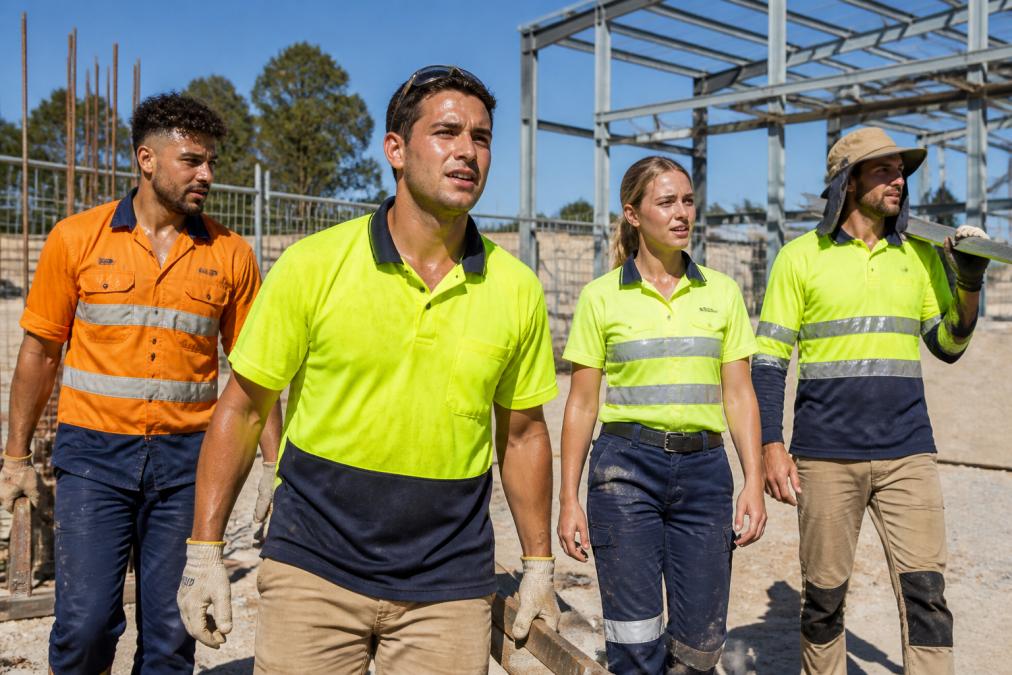 Outdoor work team in various breathable hi-vis shirts during summer conditions, demonstrating proper fit and ventilation features while working in direct sunlight, visible sweat and effort on faces, construction site background