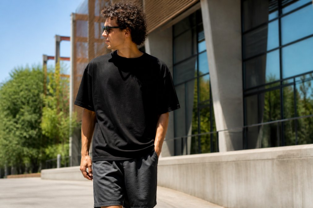 A young adult wearing an oversized black cotton tee and relaxed shorts, standing outdoors on a warm sunny day in a casual urban setting, natural light