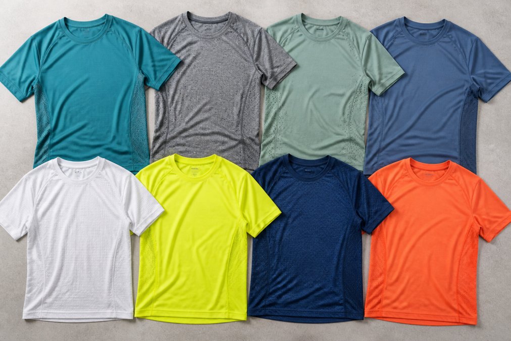 A flat lay of eight different technical running shirts in various colours, arranged neatly on a light grey background, showing the different fabric textures and mesh panel designs