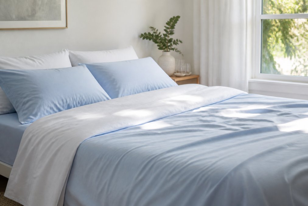 A neatly made bed in a bright, airy bedroom with white and light blue breathable sheets, sunlight streaming through a window, suggesting a cool and fresh sleep environment