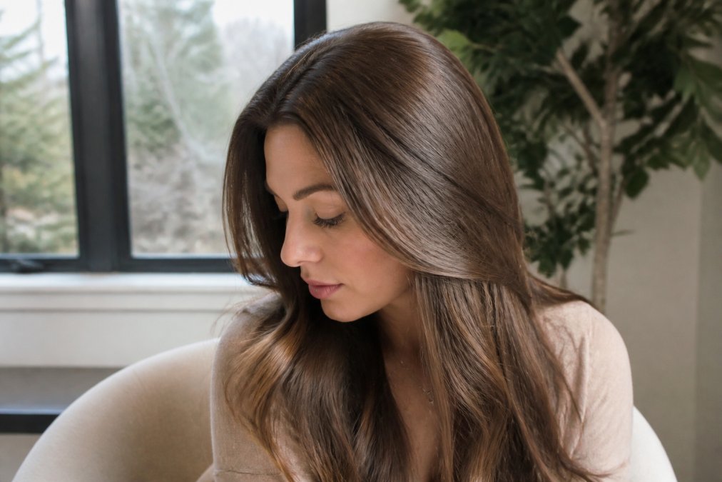Woman wearing luxury Millionaire Beauty Brand sheitel with natural movement and undetectable realistic hairline, photographed in soft natural daylight showing the seamless finish and comfortable all-day wear appearance