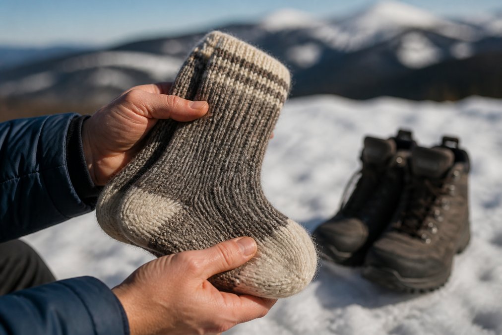 Close-up of hands holding a pair of thick alpaca wool socks against a snowy backdrop, with hiking boots visible in the background
