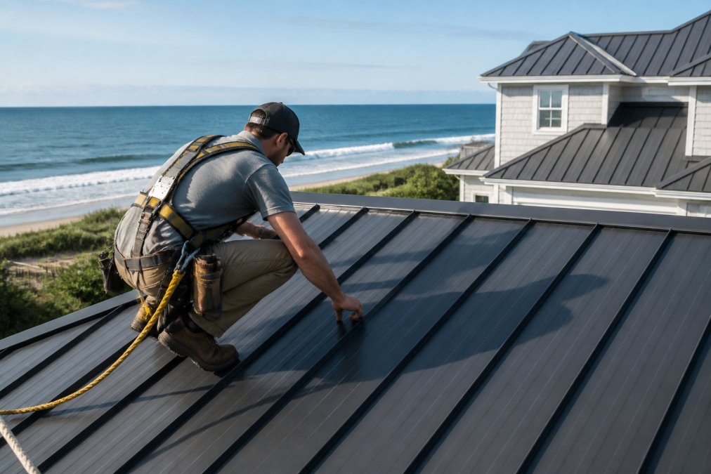 Contractor inspecting a metal roof as one of the best Breeze Roofing alternatives for a coastal home