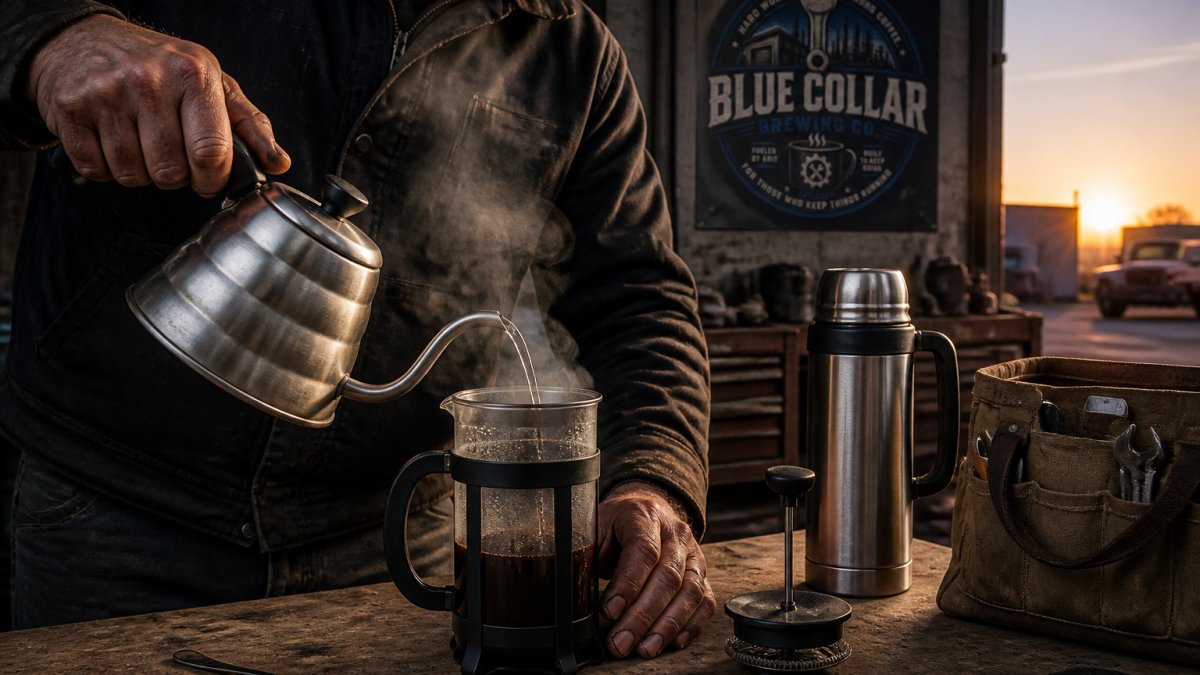 Close-up of weathered hands pouring hot water from a kettle over a French press on a workbench, steam rising, thermos and tool bag blurred in the background of a garage at dawn