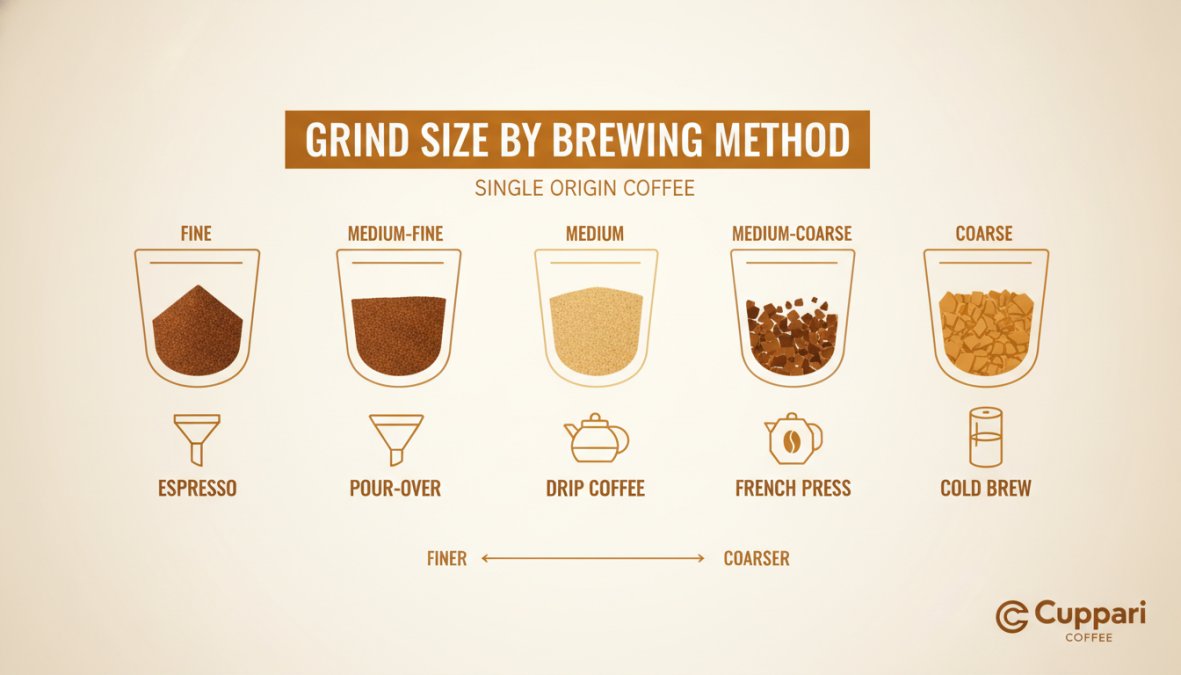Close-up of coffee grounds at different grind sizes displayed in a row, from fine to coarse, showing texture variation for pour-over, immersion, and espresso brewing methods