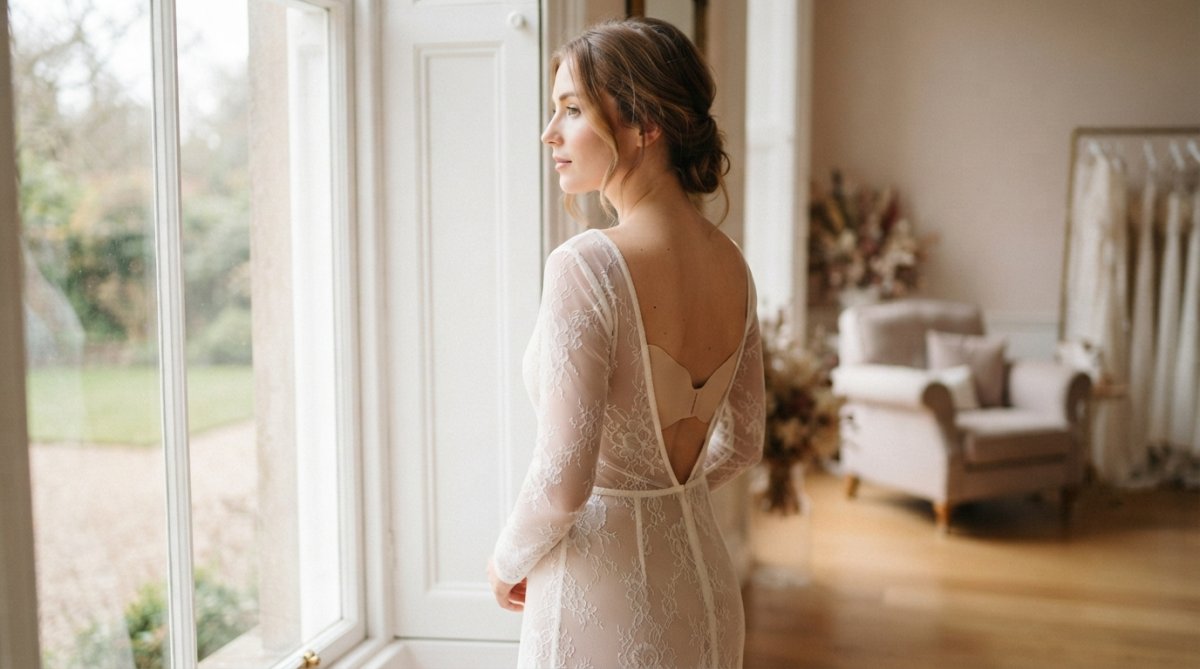Bride in a backless wedding dress standing at a window with soft natural light, showing how smooth supportive lingerie creates an elegant silhouette under the sheer fabric