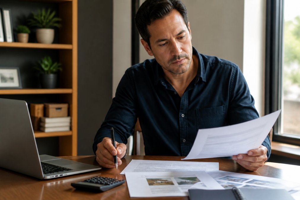 Real estate investor reviewing property documents and financial spreadsheets at a desk with laptop, calculator, and loan term sheets in natural office lighting