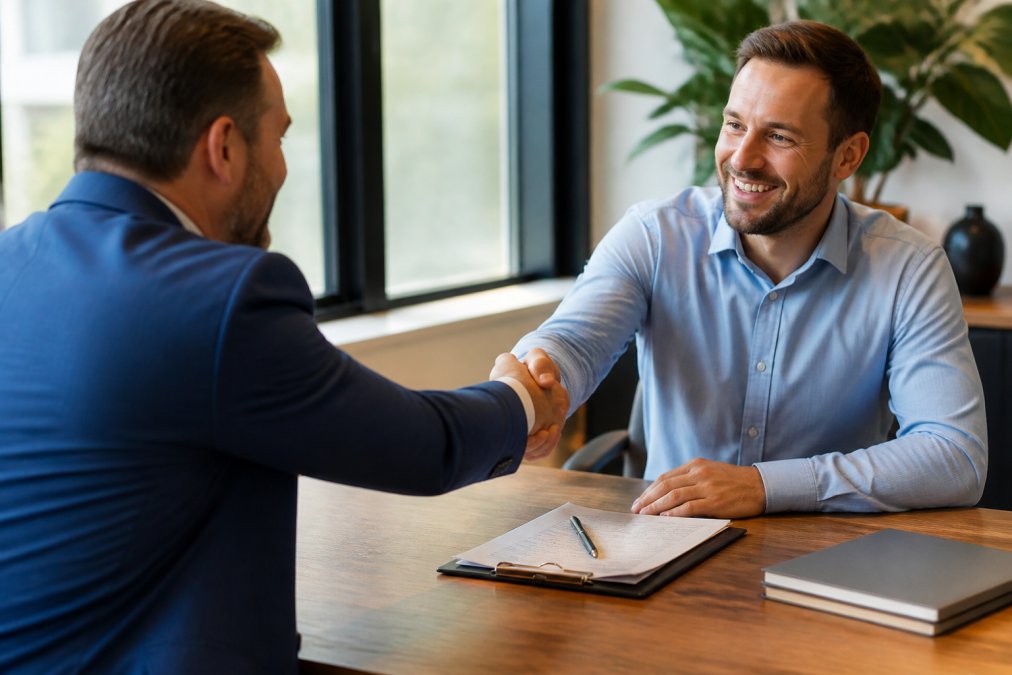 Professional lender and real estate investor reviewing signed loan documents at a modern office desk with handshake, natural lighting