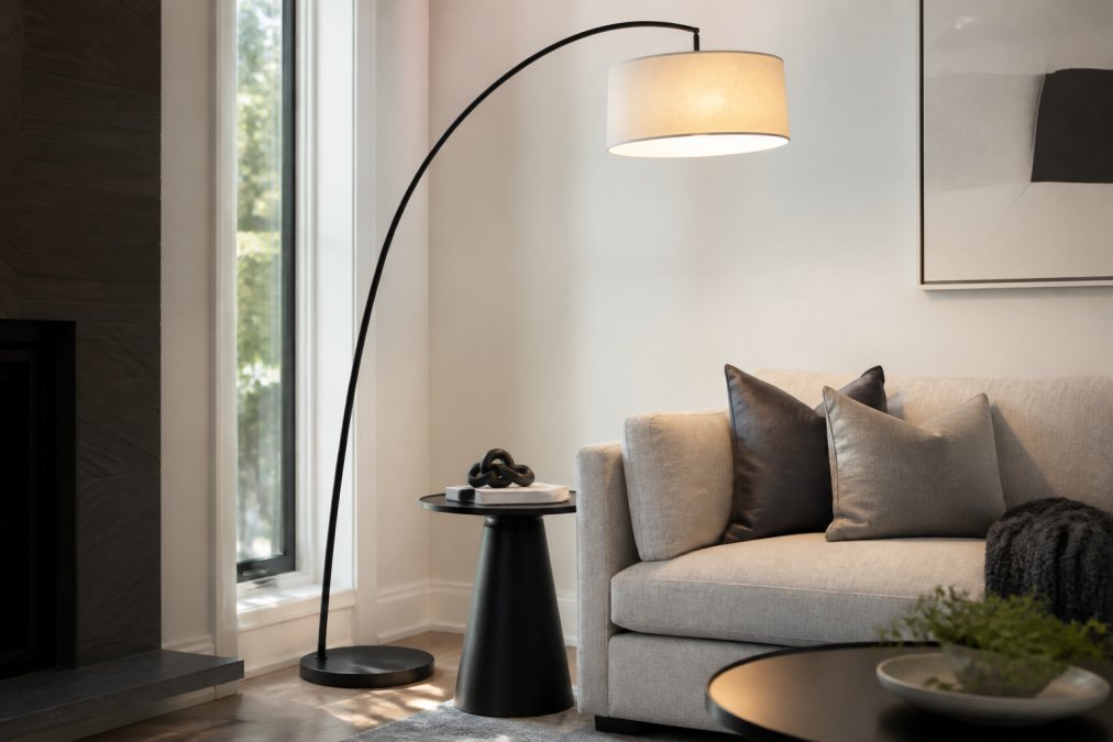A modern living room corner featuring a sleek arc floor lamp with a warm LED glow, a minimalist sofa, and a small side table with a book, shot in natural daylight