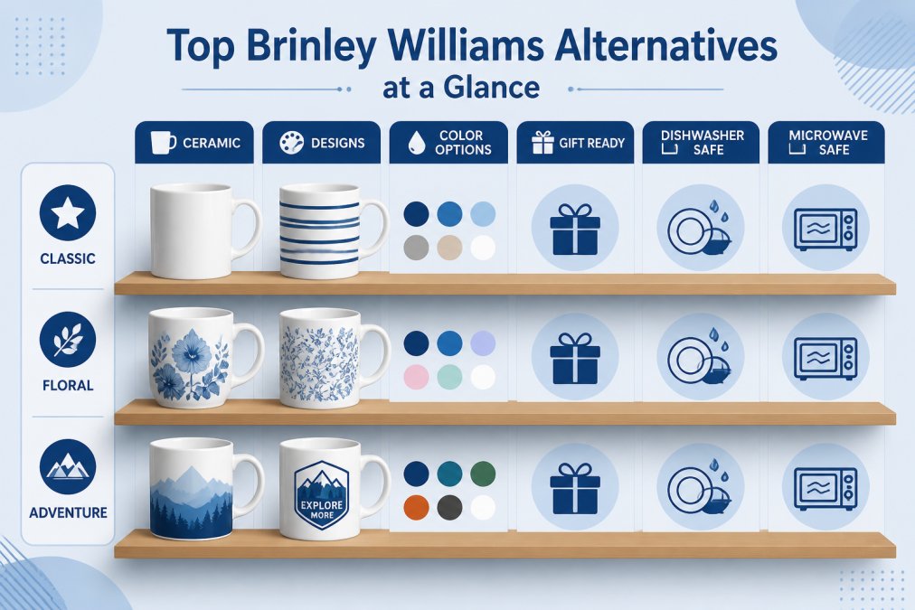 Collection of custom ceramic mugs with vibrant printed designs displayed on a wooden shelf in natural daylight, showing different color options and design styles
