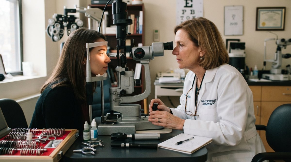 Optometrist performing corneal topography measurement on patient during contact lens fitting appointment in modern eye care clinic with bright natural lighting