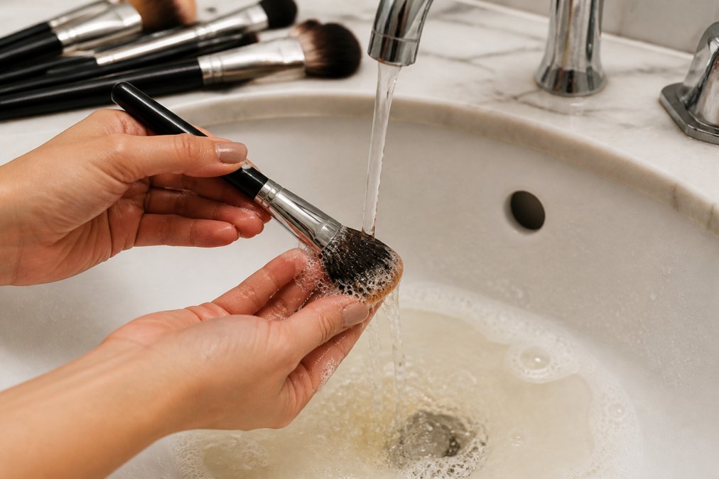 Makeup brushes being rinsed under warm running water in a sink with soap suds visible on the bristles, showing proper cleaning technique with hands supporting the brush