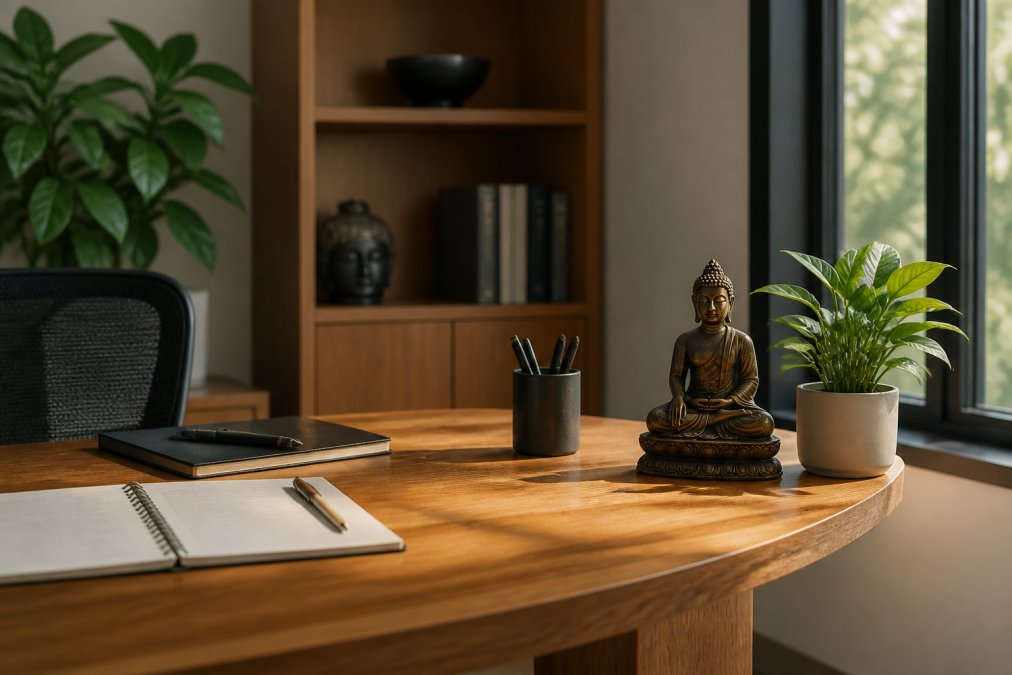Serene office desk with a Buddha statue positioned at eye level on the right side, surrounded by minimal clutter, a potted plant, and natural light streaming from a window, with a focused work area visible