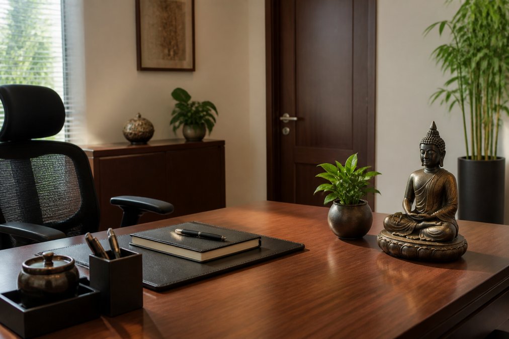Professional workspace with a Buddha statue positioned in the southeast corner of the desk, balanced decor including a small plant and minimal objects, clear sightlines to the office door, and organized surfaces with focused work materials
