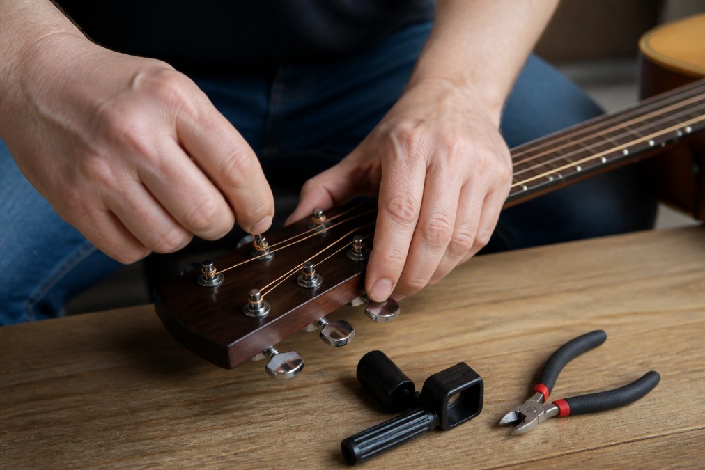 Close-up of a person's hands winding a new acoustic guitar string around a tuning peg, with a string winder and wire cutters resting on a wooden table beside the guitar
