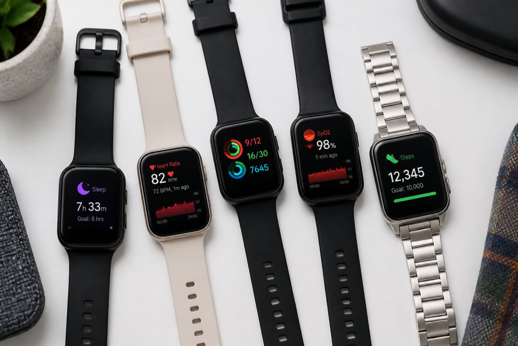 A flat-lay photo of several budget smartwatches with different strap styles (silicone, metal) arranged on a clean white surface, showing their displays active with fitness metrics