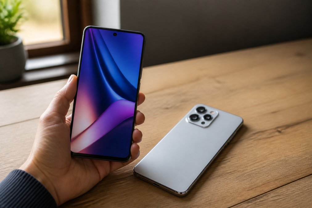 A person holding a modern mid-range smartphone with a vibrant display next to an older flagship model on a wooden desk, soft natural window light, shallow depth of field