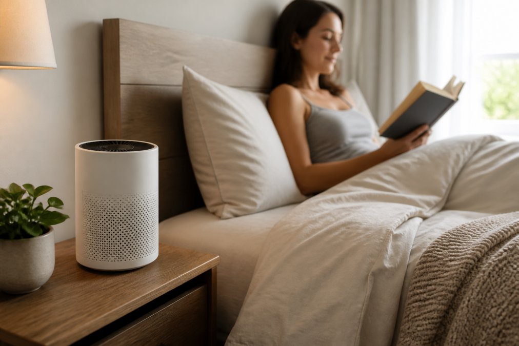 Compact budget air purifier on a nightstand in a sunlit bedroom as a person reads on the bed