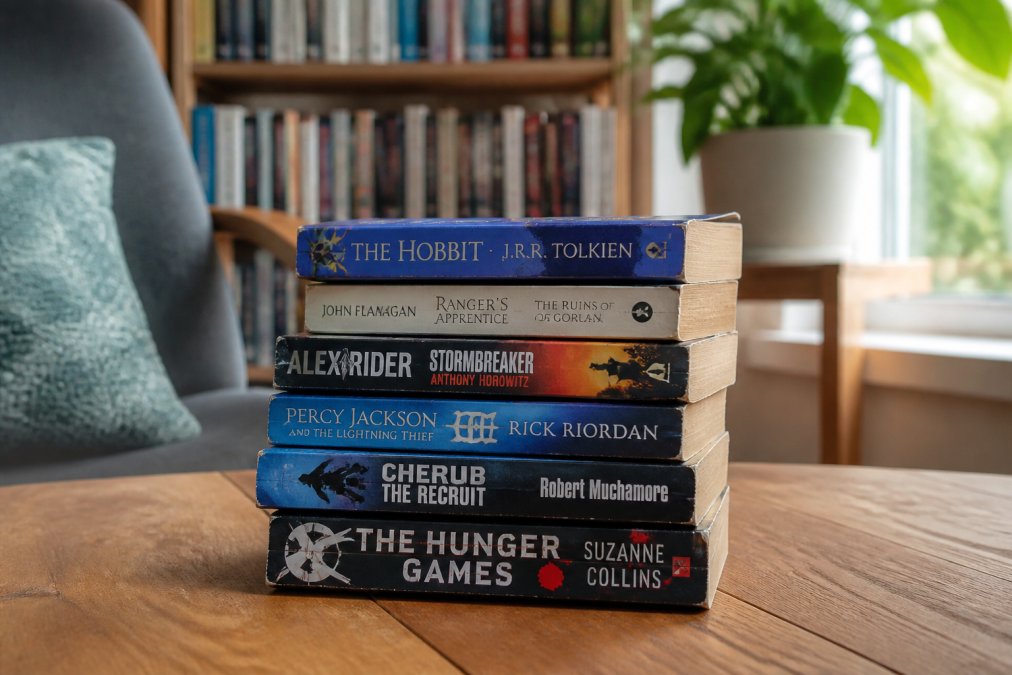 A neat stack of well-loved paperback books including a spy thriller and a fantasy novel, arranged on a wooden table in a bright, cosy reading corner with a soft-focus background