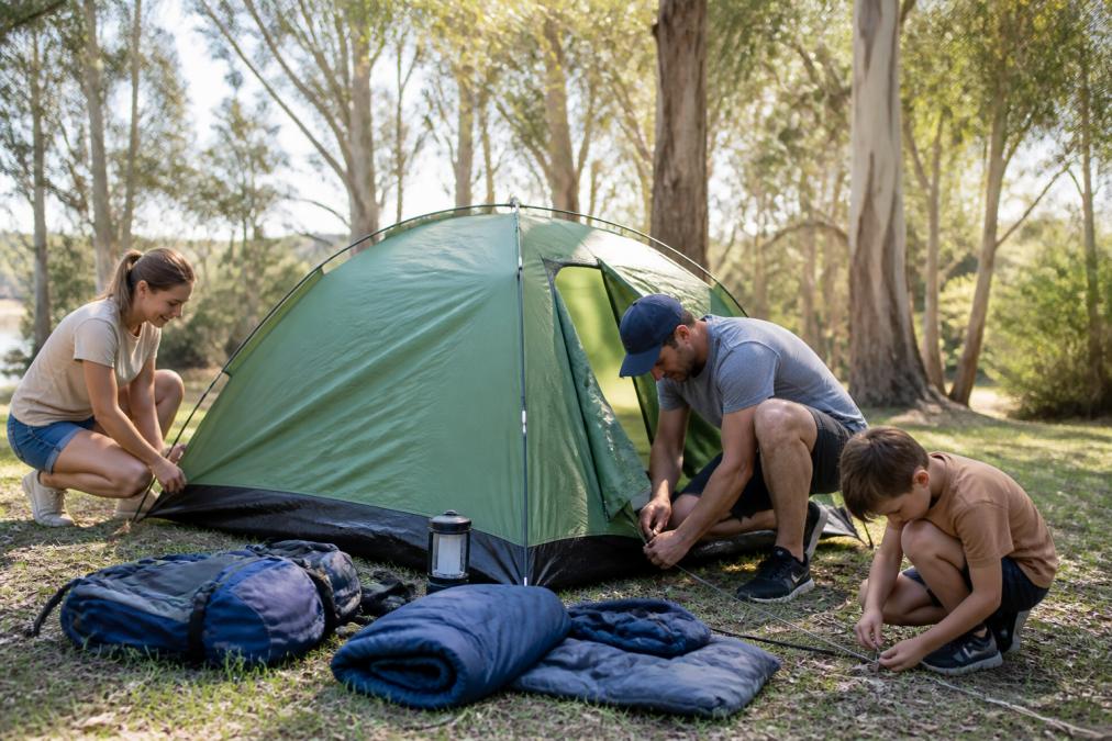 A family setting up a green dome tent on a grassy campsite surrounded by eucalyptus trees, camping gear spread around them on the ground in warm afternoon light