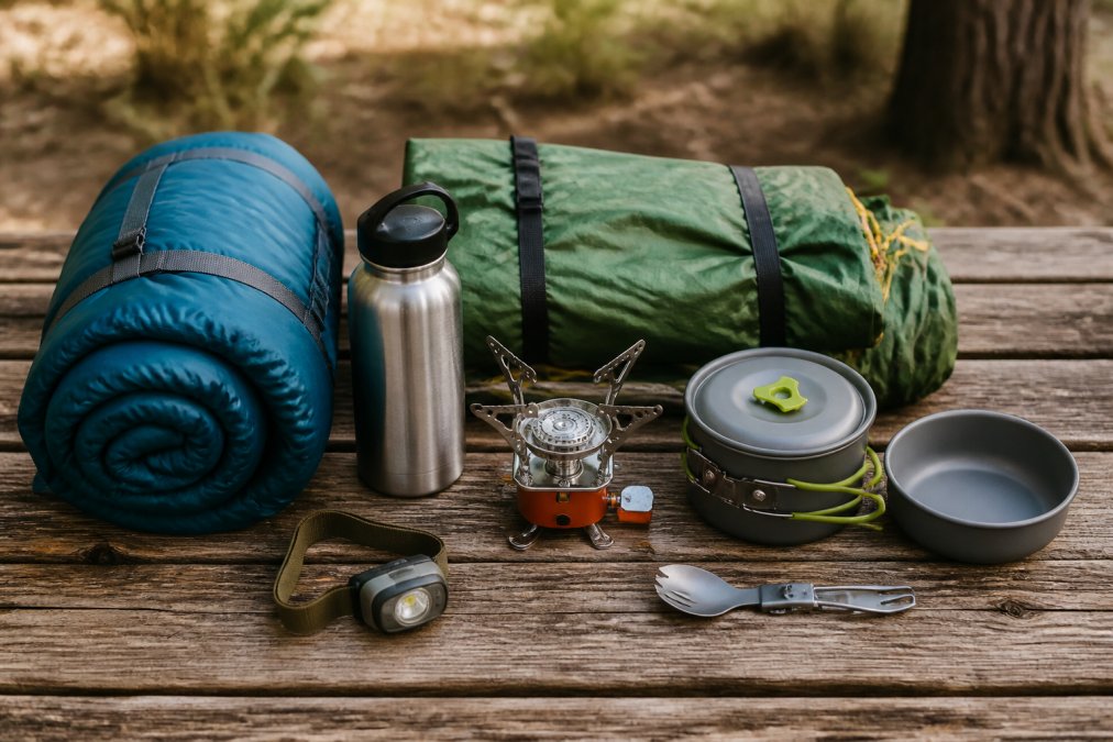 A flat lay of essential camping gear on a weathered wooden table including a rolled sleeping bag, folded tent, portable stove, headlamp, stainless steel water bottle and collapsible cookware arranged neatly in natural daylight