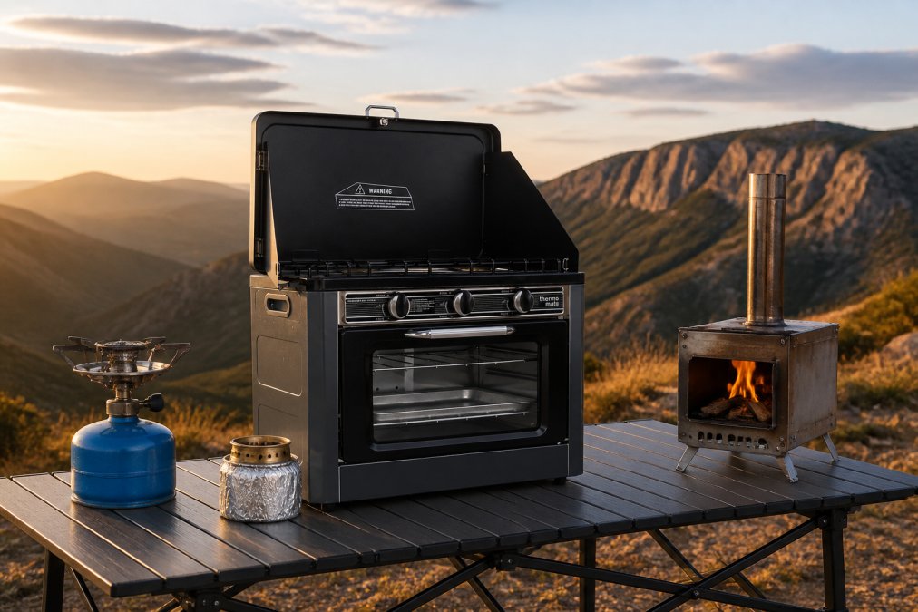 Outdoor camping table displaying a blue canister stove, alcohol burner made from aluminium cans, small portable oven, and wood-burning stove arranged with mountains in the background during golden hour