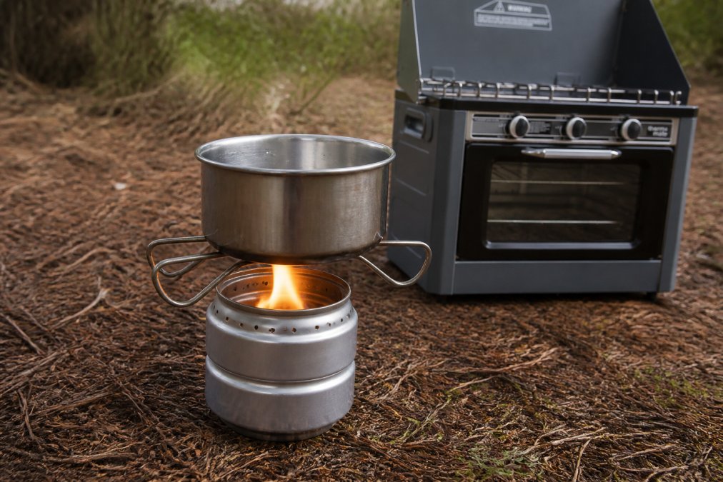 Close-up of DIY alcohol stove made from two aluminium cans with small holes punched around the rim, a pot balancer made from wire coat hanger, and a small metal pot balanced on top, set up on a camping ground with pine needles visible