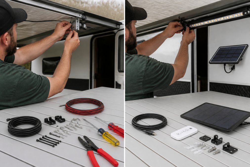 Hands installing wiring harness and mounting bracket on caravan awning frame, with installation kit components, tools, and connection hardware visible on work surface in natural daylight