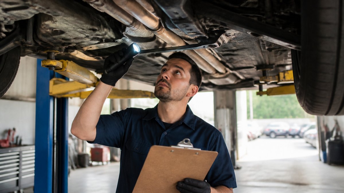 Professional mechanic inspecting a used sedan's undercarriage with a flashlight while holding a vehicle inspection checklist, with natural garage lighting and the car elevated on a lift