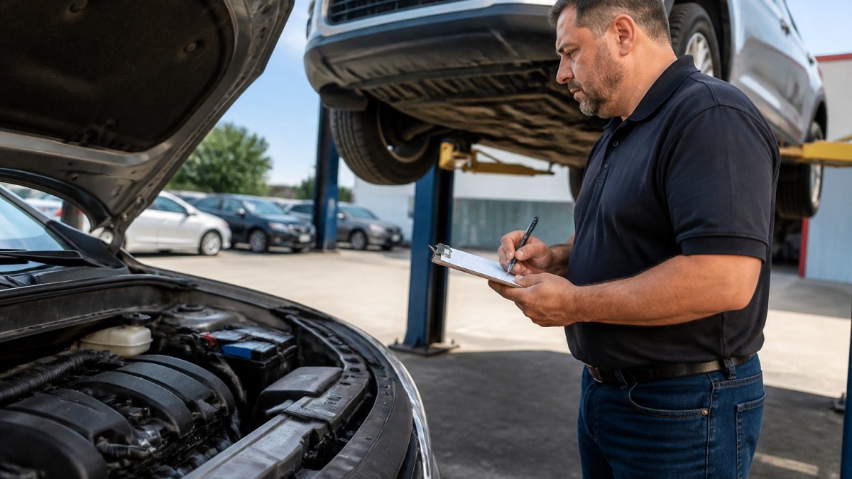 Professional inspector holding clipboard and pen while examining used car's exterior and undercarriage in natural daylight, with vehicle hood open and inspection equipment visible
