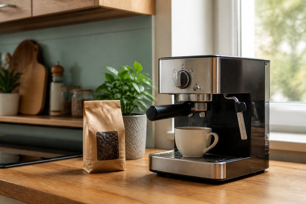 A clean, modern kitchen counter in a bright UK home, featuring a compact stainless steel espresso machine with a steaming cup of freshly brewed coffee on the drip tray, a bag of whole coffee beans and a small plant nearby