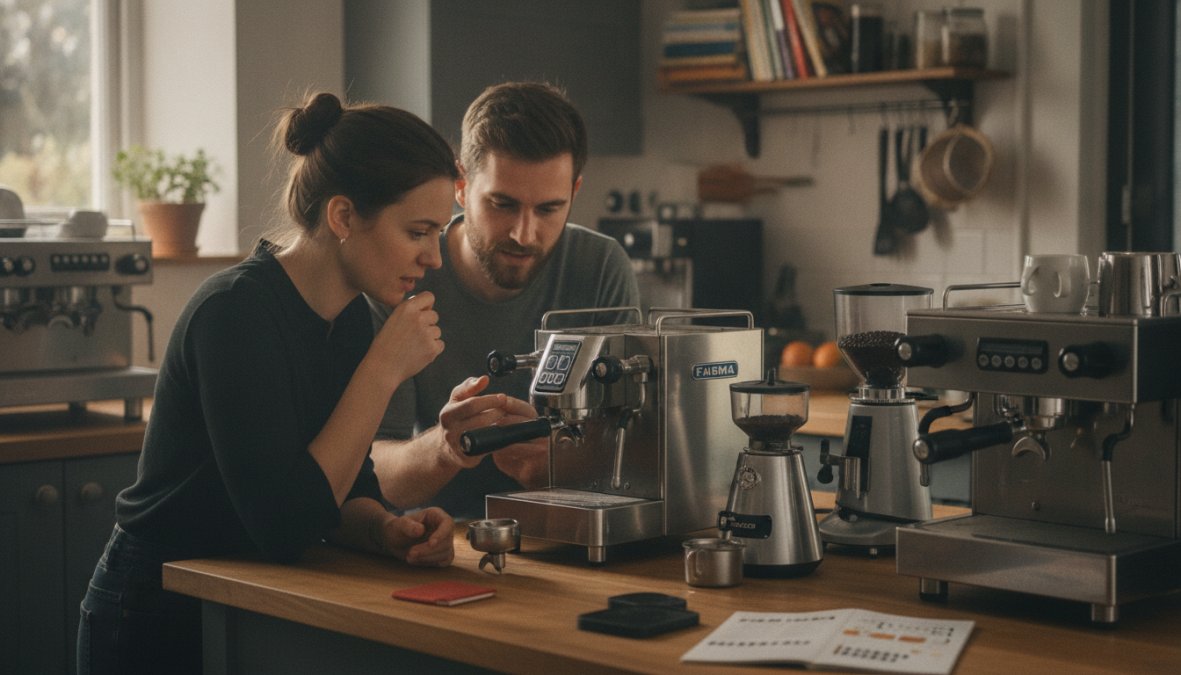 Close-up of espresso machine portafilter with crema-rich shot being pulled into a white ceramic cup, steam rising from the group head, professional stainless steel machine visible in background