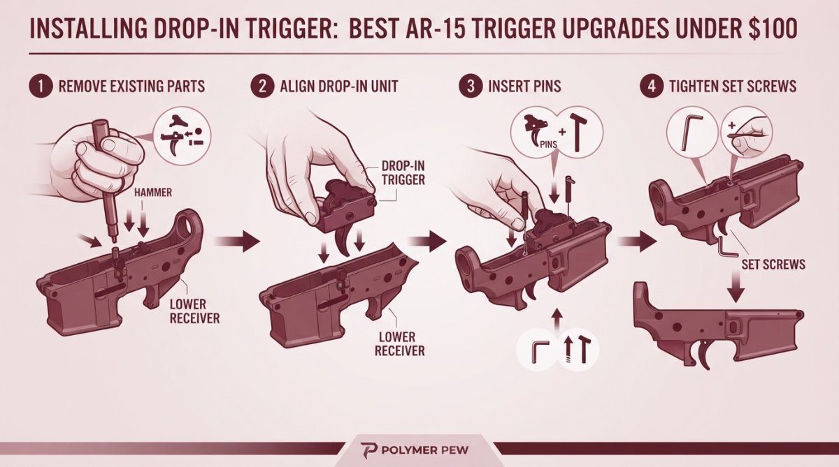 Hands installing a drop-in trigger into an AR-15 lower receiver on a workbench, showing precision alignment and the ease of the installation process with natural workshop lighting