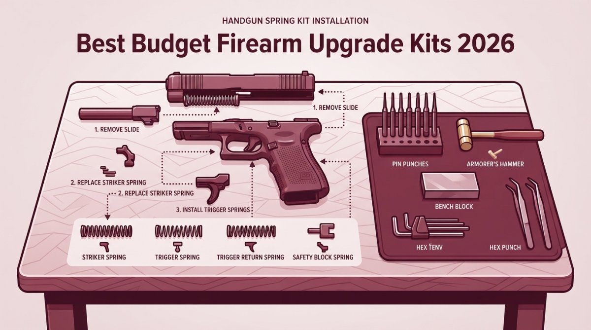Workbench setup with a disassembled handgun, spring kit components, and gunsmithing tools laid out in organized fashion, showing proper spacing for each part and natural workshop lighting