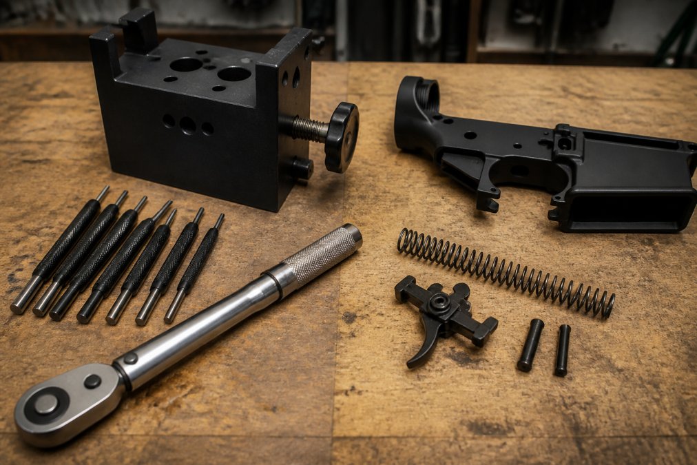 Close-up of a clean wooden workbench with gunsmithing tools laid out in a row: a set of pin punches, a torque wrench, and an AR-15 lower receiver vise block, alongside a flat trigger assembly and a recoil spring, lit by a single overhead work lamp