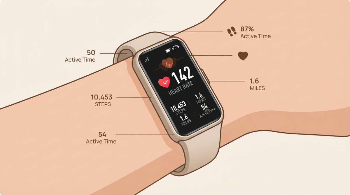 Close-up of Huawei Band 8 fitness tracker displayed on wrist showing AMOLED screen with heart rate data, natural daylight