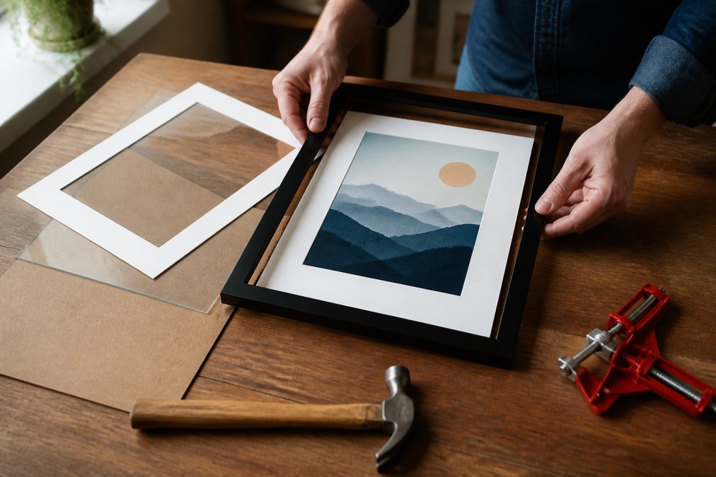Hands assembling a picture frame with a printed digital artwork, showing the mat, glass, and backing board laid out on a wooden surface with tools including a hammer and corner clamp nearby