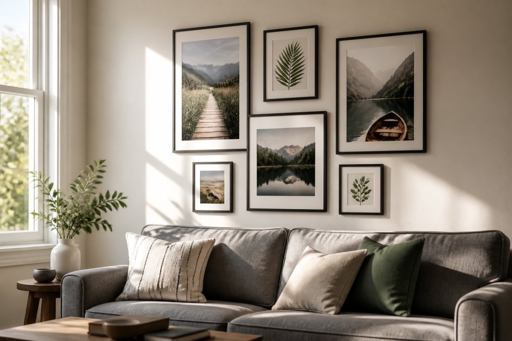A gallery wall displaying framed digital prints in budget frames of varying sizes, showing how consistent spacing and arrangement elevates the overall aesthetic with natural window lighting from the side
