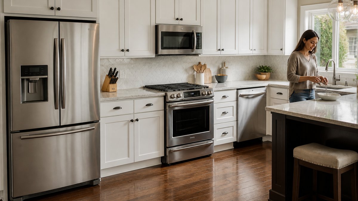 A bright, modern kitchen with a matching stainless steel refrigerator, range, and dishwasher, with a person arranging items on the counter